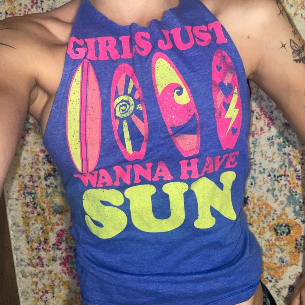 “ girls just wanna have sun” Blue Tank Top with Pink and Yellow Graphics